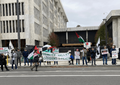 A group of protesters standing in front of a building, holding signs and banners supporting peace and Palestinian causes. The banner reads "Genesee Valley Citizens for Peace." Some signs call to "Free Palestine" and advocate against war funding.