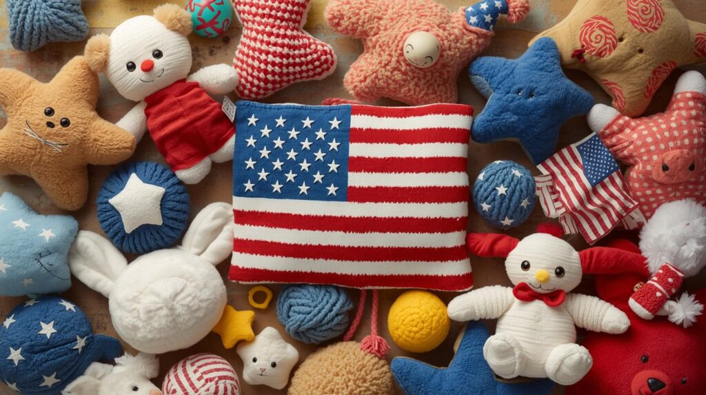 Assorted plush toys around American flag pillow.